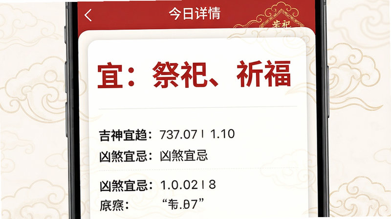 一张展示华夏经典老黄历宜忌详情的图片,主体是应用内“今日详情”页面,页面分为上下两部分,上部分用红色大字写着“宜:祭祀、祈福”,下部分用黑色小字列出“吉神宜趋、凶煞宜忌”等条目。布局采用卡片式设计,排版整齐,风格为现代简约与中国风结合,背景有淡淡的云纹图案,细节清晰,画质干净。