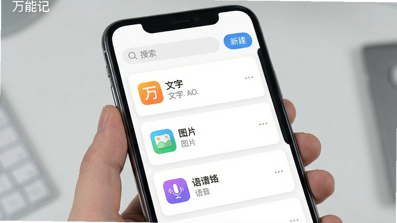 一张展示万能记APP主界面的高清手机截图,界面布局简洁,顶部有搜索栏和“新建”按钮,下方以卡片式列表展示不同类型的记录(文字、图片、语音),色彩明快,图标精致,整体风格现代简约,突出软件名称“万能记”的LOGO,画质清晰,干净无多余元素。