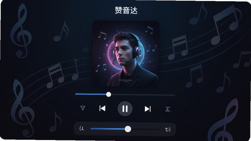 展示“赞音达”播放器界面的效果图,界面中央为当前播放歌曲的专辑封面,下方为进度条和控制按钮(播放/暂停、上一曲、下一曲),底部设有均衡器调节滑块,背景为深色渐变,音乐符号在四周若隐若现,整体风格时尚炫酷,UI设计精致,渲染高清,干净无多余元素