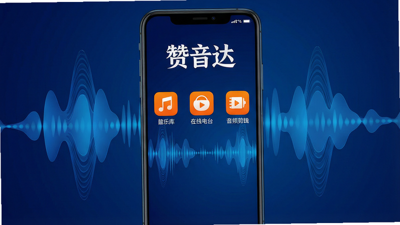 画面中心展示一款名为“赞音达”的安卓手机应用界面,界面简洁现代,主色调为深蓝色与亮橙色搭配,顶部有“赞音达”白色艺术字logo,下方排列着音乐库、在线电台、音频剪辑等主要功能图标,背景为渐变蓝色抽象声波波纹,整体风格科技感十足,UI设计精致,渲染高清,干净无多余元素