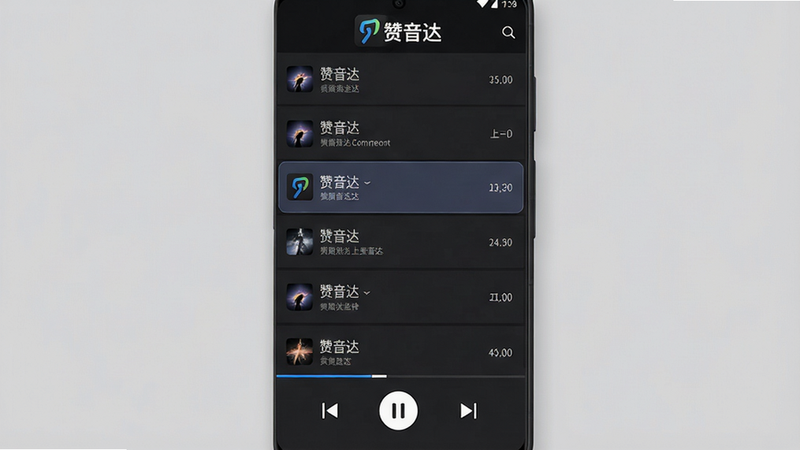 一张展示“赞音达”安卓版在夜间模式下的播放列表界面,背景为深灰色,列表项清晰可见,当前播放歌曲高亮显示,底部控制栏有播放/暂停、上一曲、下一曲按钮,顶部显示“赞音达”logo,整体风格暗色系,UI设计精致,渲染高清,干净无多余元素