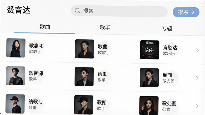 一张展示“赞音达”应用内智能音乐库管理界面的高清截图,界面分为“歌曲”、“歌手”、“专辑”三个标签页,列表项显示歌曲名、歌手、专辑封面缩略图,顶部有搜索栏和排序按钮,背景为浅灰色,整体风格清爽简洁,UI元素排列整齐,渲染细腻,干净无多余元素