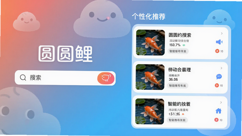 展示“圆圆鲤”搜索与推荐功能的界面设计,左侧为搜索框,右侧为个性化推荐列表,背景为渐变色,整体布局清晰,风格现代,画质干净,突出“圆圆鲤”软件名称与智能推荐功能预览。