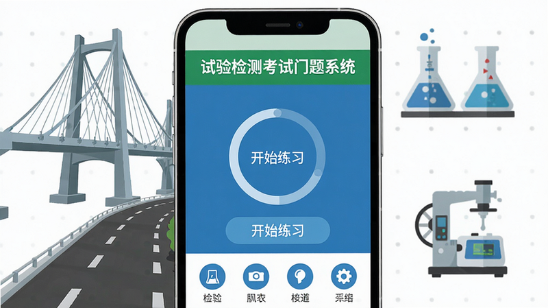 主体为一部亮着屏幕的智能手机,屏幕中显示“试验检测考试门题系统”的启动界面,背景是公路桥梁与试验仪器图标,界面布局简洁,上方为绿色标题栏,中间是圆形进度环与“开始练习”按钮,下方排列四个功能图标,整体风格扁平化,配色以蓝白为主,细节清晰,画质干净,无多余元素