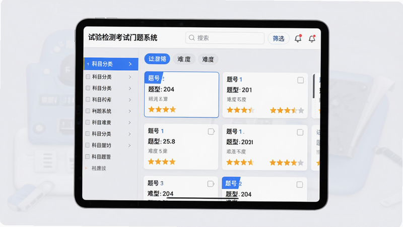 主体为平板电脑横屏展示“试验检测考试门题系统”的题库列表页面,左侧是科目分类侧边栏,右侧是题目卡片流,每张卡片显示题号、题型与难度星级,顶部搜索框与筛选标签,界面采用浅灰背景与蓝色强调色,排版整齐,风格清爽,细节丰富,画质干净,无多余元素