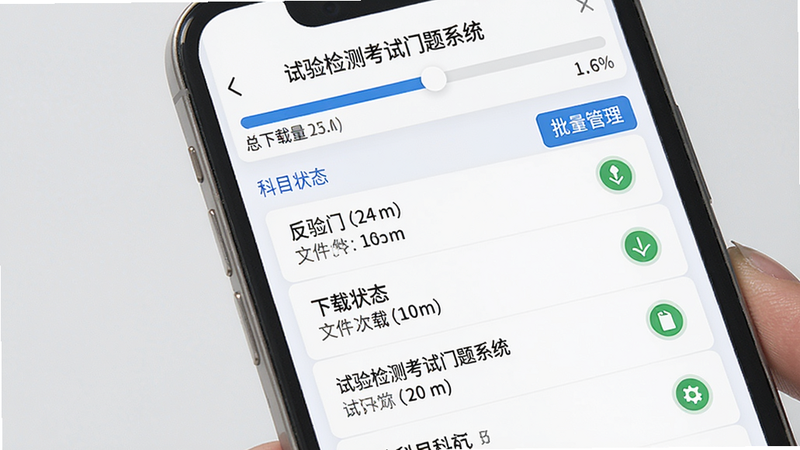 主体为手机设置界面展示“试验检测考试门题系统”的离线下载管理页面,顶部显示总下载量进度条,下方列表显示各科目名称、文件大小、下载状态图标,右上角有“批量管理”按钮,界面以白色为主,蓝色点缀,风格简洁,细节丰富,画质干净,无多余元素