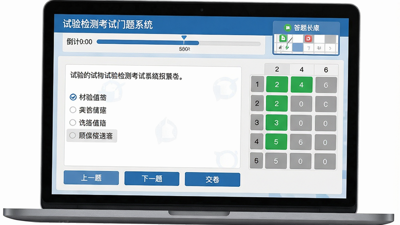 主体为笔记本电脑屏幕显示“试验检测考试门题系统”的模拟考试界面,顶部是倒计时进度条与答题卡,中间是单选题题干与四个选项,右侧是题目序号网格,已答题目用绿色标记,未答用灰色,底部有“上一题”“下一题”“交卷”按钮,界面布局清晰,配色为蓝白灰,风格专业,细节完整,画质干净,无多余元素