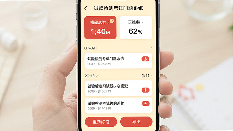主体为手机竖屏展示“试验检测考试门题系统”的错题本页面,顶部统计卡片显示错题总数与正确率,下面列表按时间分组,每行显示题目摘要与错误次数标记,底部有“重新练习”与“导出”按钮,界面简洁,背景为浅黄色,强调色为红色,风格温馨,细节清晰,画质干净,无多余元素
