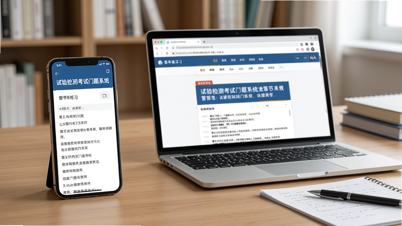 主体为一张书桌,桌面上摆放手机与笔记本,手机屏幕显示“试验检测考试门题系统”的章节练习界面,笔记本打开着同一软件的网页版,旁边有笔和草稿纸,桌面整洁,背景是书架,光线明亮,风格写实,细节丰富,画质干净,无多余元素