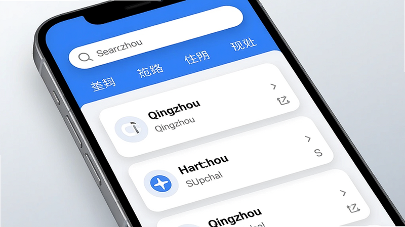 主体为一部智能手机屏幕显示Qingzhou应用主界面,界面布局清晰,上方有搜索栏和分类标签,中间是卡片式任务列表,色彩以蓝白为主色调,背景为浅灰色渐变,整体风格现代简约,细节包括圆角卡片、阴影效果,画质高清干净,无多余元素,图片中文字标注“Qingzhou”