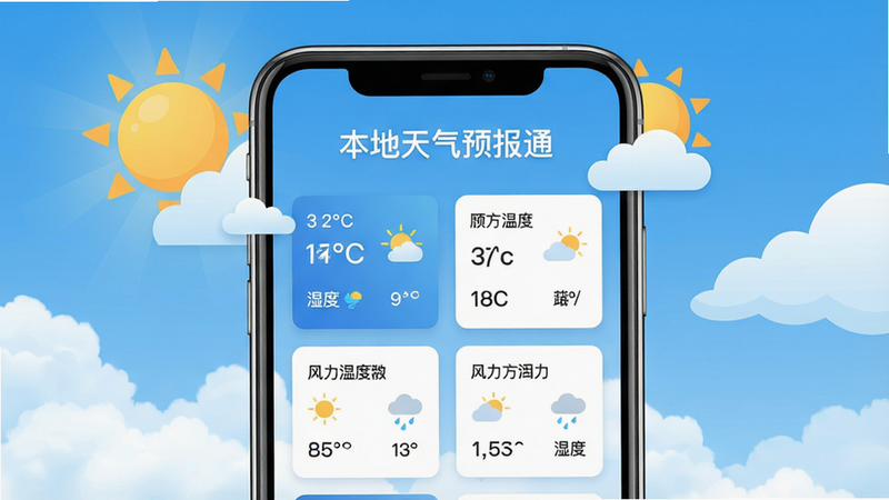 主体:手机屏幕展示“本地天气预报通”主界面,背景为晴朗蓝天白云,屏幕上有温度、湿度、风力等天气数据卡片;布局:手机居中,界面清晰,数据卡片整齐排列;排版:简洁大方,突出软件名称和天气信息;风格:现代扁平化设计,色彩明亮清新;细节:手机屏幕中显示“本地天气预报通”字样,周围有阳光和云朵装饰;画质:高清,干净,无多余元素