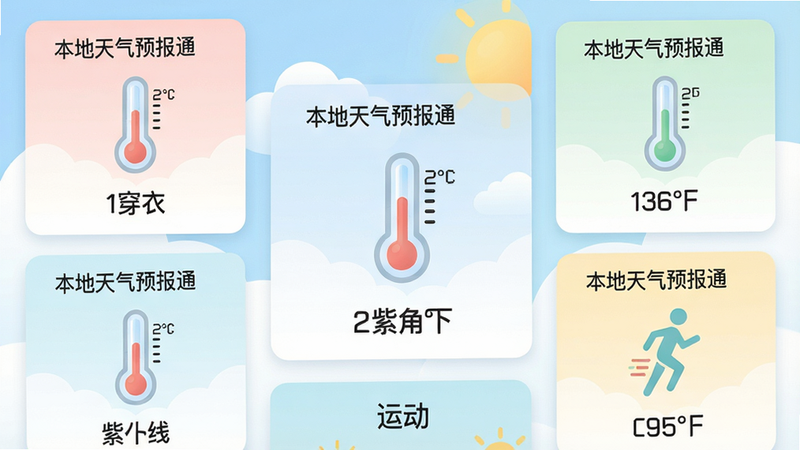 主体:手机界面展示生活指数页面,包括穿衣、紫外线、运动等图标;布局:界面分为多个小卡片,每个卡片对应一种指数,中央有温度计图标;排版:卡片式布局,图标下方有文字说明;风格:清新简约,色彩柔和;细节:卡片上标有“本地天气预报通”字样,温度计显示当前温度,背景有云朵和阳光;画质:高清,干净,无多余元素