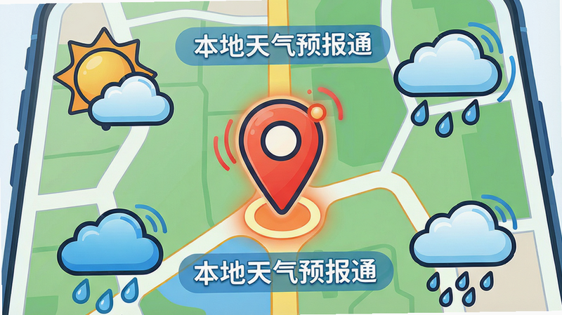 主体:手机地图上显示定位图标,周围有太阳、云朵和雨滴的天气符号;布局:地图占据主画面,定位图标在中心,天气符号分布四周;排版:图标清晰,信息层次分明;风格:科技感与卡通结合,颜色鲜艳;细节:地图上标注“本地天气预报通”字样,定位图标闪烁,天气符号动态展示;画质:高清,干净,无多余元素