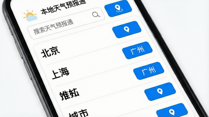 主体:手机界面展示城市管理列表,有多个城市名称和定位按钮;布局:列表纵向排列,顶部有搜索框和定位按钮;排版:清晰明了,城市名称用黑色字体,定位按钮为蓝色;风格:简约,白色背景;细节:城市列表中有“北京”、“上海”、“广州”等,顶部有“本地天气预报通”字样;画质:高清,干净,无多余元素
