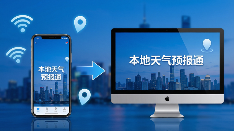 主体:手机和电脑并排放置,屏幕上显示“本地天气预报通”应用界面,周围有WiFi图标和定位图标;布局:手机在左,电脑在右,中间有箭头连接;排版:图标清晰,文字醒目;风格:科技感,蓝色调;细节:手机和电脑屏幕上均有“本地天气预报通”字样,背景为城市天际线;画质:高清,干净,无多余元素