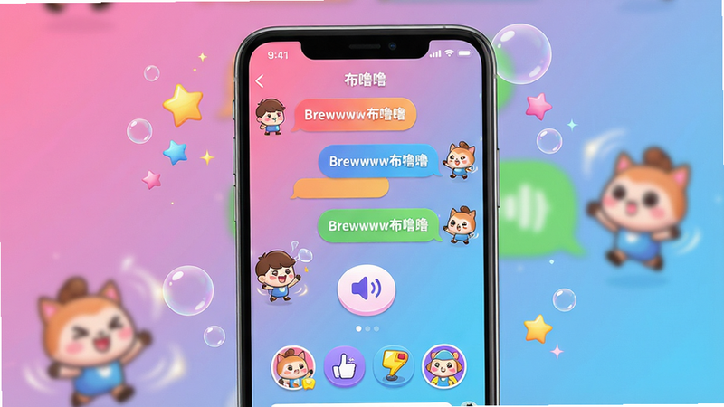 一张展示Brewwww布噜噜应用核心界面的高清渲染图,主体为手机屏幕内呈现的趣味聊天场景,包含彩色气泡、变声按钮和互动小游戏图标;布局采用居中构图,周围点缀星星和气泡特效;排版简洁明快,色彩以粉蓝渐变为主,突出活泼可爱的风格;细节上展现卡通角色表情和动态特效;画质清晰,干净无多余元素,文字标注为“Brewwww布噜噜”。