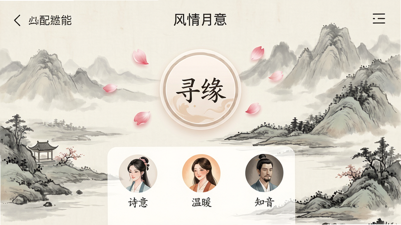 ���壺��������Ӧ�õ��龳ƥ�书�ܽ��棬��Ļ����ʾһ�Źŷ�ɽˮ��������������һ��Բ��ƥ�䰴ť����ť��д�š�ѰԵ������ΧƯ���ż�Ƭ���꣬�·��г�����ƥ�����ͷ��ÿ��ͷ���±�ע��ʫ�⡱������ů������֪�������������֣����жԳƣ��Ű���ˬ����񣺹���ˮī����ִ�UI��ɫ�����š����ʣ�ϸ�壬�ɾ����޶���Ԫ�ء�