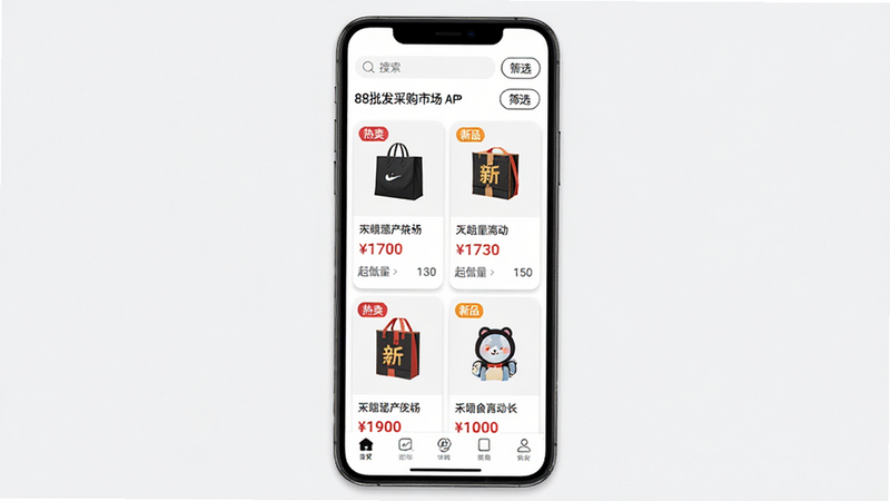 ���壺88�����ɹ��г�APP����Ʒ�б�ҳ�棬��Ļ��չʾ�����Ʒ��Ƭ��ÿ����Ƭ������ƷͼƬ�����ơ��۸�������������֣��ֻ���Ļ���б����֣����»����������������������ɸѡ��ť���Ű棺��Ƭʽ���֣���Ϣ�㼶�������۸��ú�ɫͻ��������ִ����̷�񣬱�����ɫ����ƬԲ�Ǵ���Ӱ��ϸ�ڣ���ƷͼƬ��������ǩ�硰����������Ʒ����Ŀ���ײ��е����������ʣ����壬�ɾ����޶���Ԫ�ء�