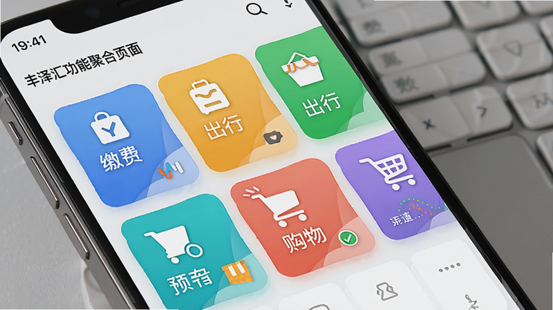 丰泽汇功能聚合页面预览,展示多个服务卡片如缴费、出行、购物等,卡片排列整齐,色彩明快,手机界面为主,布局美观,细节丰富,画质清晰,无多余元素