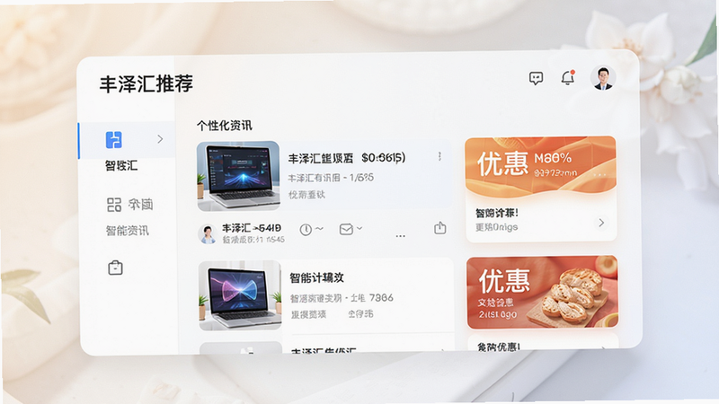 丰泽汇智能推荐界面,展示个性化资讯流与优惠卡片,界面简洁,图文搭配合理,背景柔和,风格现代,图标精致,画质高清,干净无多余元素