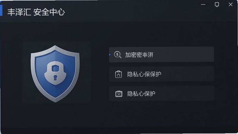 丰泽汇安全中心界面,显示加密盾牌图标与隐私保护选项,背景深色,风格稳重,界面布局简洁,细节专业,画质清晰,无多余元素