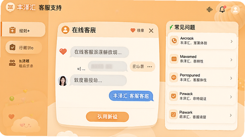 丰泽汇客服支持界面,显示在线客服对话框与常见问题列表,界面友好,操作引导清晰,风格温暖,画质干净,无多余元素