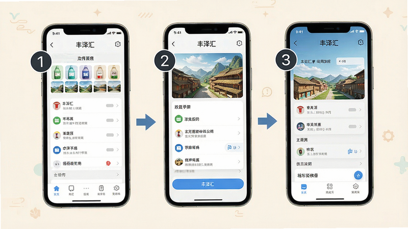 丰泽汇使用教程配图,展示手机操作步骤,界面示意清晰,步骤标注1-2-3,风格简洁,背景浅色,画质干净,无多余元素