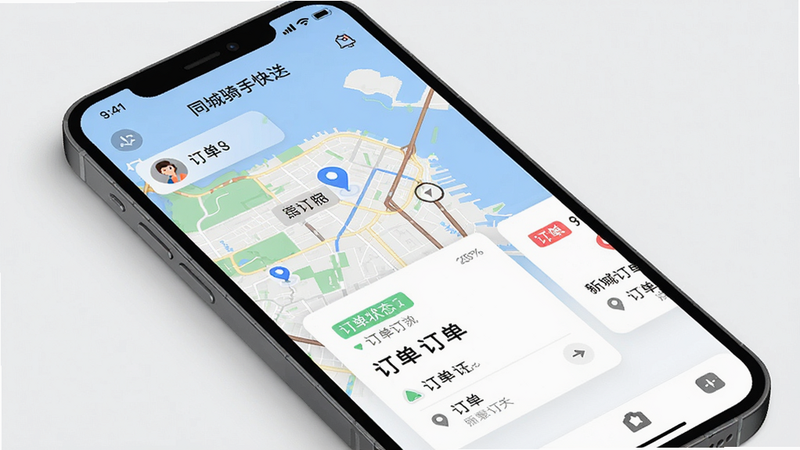 同城骑手快送APP界面预览图,主体为手机屏幕展示配送地图和订单卡片,布局清晰,风格现代简约,细节包含骑手位置、订单状态标签,画质高清干净无多余元素