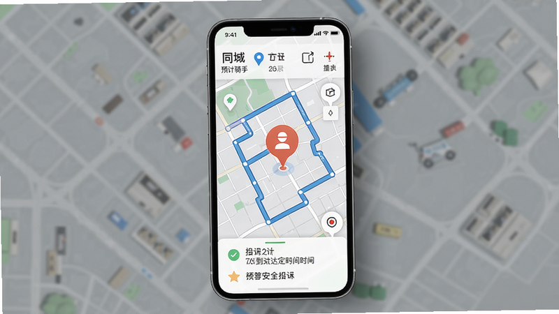 同城骑手快送实时定位追踪功能预览图,主体为配送轨迹线路图和骑手当前位置标记,布局为手机竖屏界面,风格简洁直观,细节包含预计到达时间和安全提示,画质高清干净无多余元素