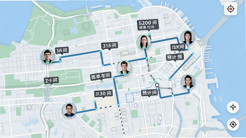 同城骑手快送智能派单功能示意图,主体为地图上多个骑手头像和订单路线规划,布局为地图全屏展示,风格科技感,细节显示距离和预计时间标签,画质清晰干净无多余元素