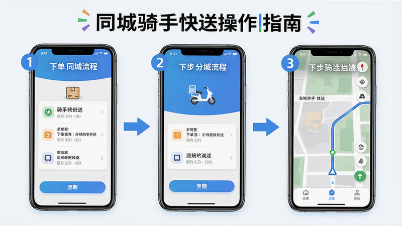同城骑手快送操作指南示意图,主体为手机界面展示下单流程和导航界面,布局为分步指引,风格教学风格,细节包含步骤编号和箭头指示,画质高清干净无多余元素