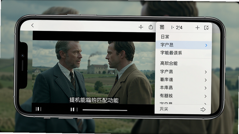 高清万能视频播放器字幕匹配功能,手机屏幕播放外语电影,画面下方显示中文字幕,旁边有字幕选择列表,背景为模糊的电影画面,主体为字幕设置界面,布局清晰,排版合理,风格简洁,细节展示字幕选项,画质清晰,干净无多余元素