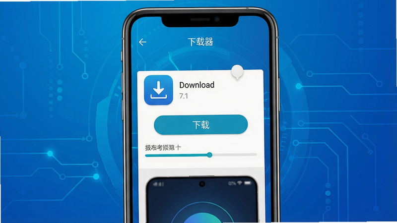 高清万能视频播放器下载界面,手机屏幕显示应用下载页面,带有“下载”按钮和版本号7.1,背景为蓝色科技感渐变,主体为下载界面,布局居中,排版简洁,风格明快,细节展示下载进度条,画质清晰,干净无多余元素