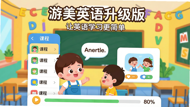 主体:游美英语升级版App界面,展示一个可爱的卡通角色正在和小朋友进行英语对话,背景是色彩明亮的教室和英文字母装饰。布局:画面中央为App主界面,左侧显示课程列表,右侧为互动练习卡片,底部有进度条。排版:界面元素清晰,文字使用圆润字体,主标题“游美英语升级版”位于顶部,副标题“让英语学习更简单”位于下方。风格:扁平化插画风,色彩鲜艳,充满童趣。细节:卡通角色表情生动,对话气泡中显示英文单词,进度条显示80%完成度。画质:高清,干净,无多余元素。
