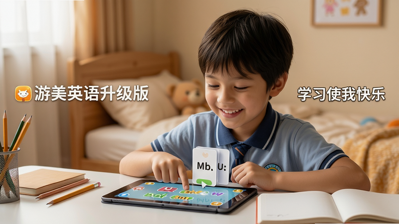 主体:一位小学生正在使用平板电脑学习游美英语升级版,屏幕显示着单词游戏界面,孩子脸上带着笑容。布局:孩子位于画面中心,平板电脑放在桌面上,背景为温馨的卧室。排版:画面左侧有“游美英语升级版”字样,右侧有“学习使我快乐”的标语。风格:写实摄影风格,光线柔和。细节:孩子手指点击屏幕,单词卡片弹出,桌上有铅笔和笔记本。画质:高清,干净,无多余元素。