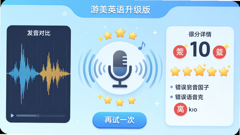 主体:游美英语升级版App的语音评测功能界面,一个麦克风图标位于屏幕中央,周围环绕着音波图和评分星星。布局:左侧为发音对比波形,右侧为得分详情,底部有“再试一次”按钮。排版:界面简洁,评分数字使用大号字体,错误音标用红色圆圈标出。风格:科技感与卡通结合,背景为淡蓝色渐变。细节:麦克风图标带有声波动画,得分星星闪烁,界面文字清晰。画质:高清,干净,无多余元素。