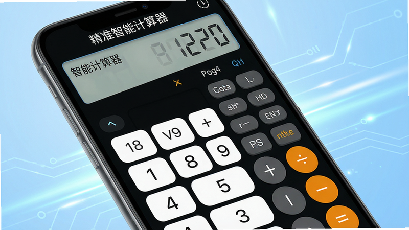 主体为一部智能手机屏幕特写,屏幕上显示精准智能计算器的操作界面,界面包含数字键盘、科学函数按键及结果展示区,布局清晰。背景为浅蓝色渐变与科技感光效,风格简约现代,细节丰富,画质高清干净,无多余元素,屏幕中显示文字“精准智能计算器”。