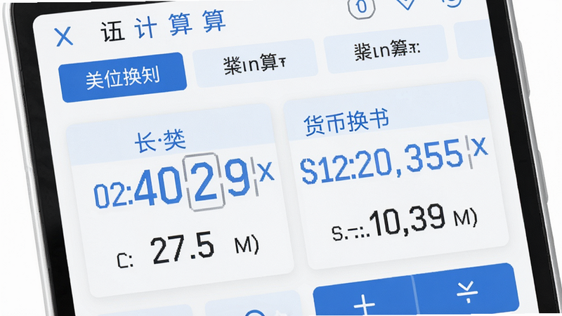 主体为精准智能计算器单位换算界面,展示长度与货币换算结果,界面有分类标签,排版简洁。风格清爽,白底蓝字,细节清晰,画质干净,无多余元素。