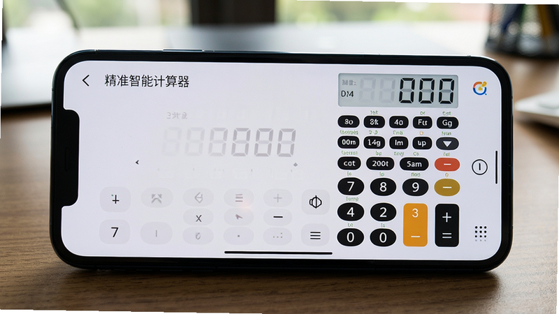 主体为精准智能计算器在手机上运行的实拍图,手机横屏显示科学计算界面,背景为桌面。风格写实,光线自然,细节清晰,画质干净,无多余元素,屏幕中显示“精准智能计算器”字样。