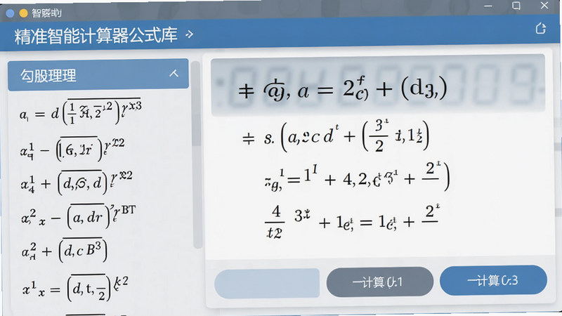 主体为精准智能计算器公式库界面,展示勾股定理计算示例,界面有公式列表与计算按钮。风格简洁,蓝灰配色,排版有序,画质高清,无多余元素。