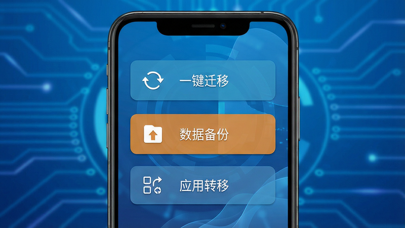 一幅展示安卓换机能手软件主界面的高清截图,界面包含“一键迁移”、“数据备份”、“应用转移”等主要功能按钮,背景为渐蓝色科技感风格,主体为手机屏幕特写,布局居中,排版简洁,细节清晰,画质细腻,干净无多余元素