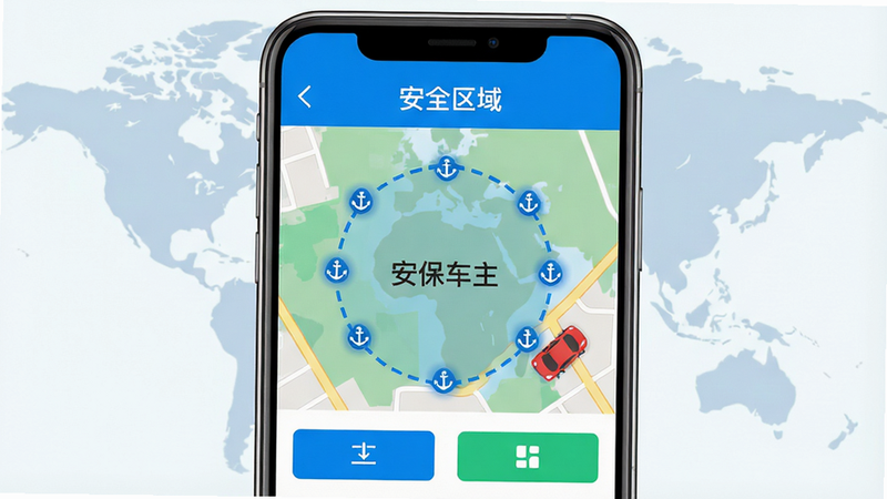 主体:智能手机屏幕特写,屏幕上显示“安保车主”APP的电子围栏设置界面,地图上用蓝色虚线框出一个圆形区域,区域外有一辆红色小车图标。布局:手机横屏展示,占据画面中央,背景为淡化的世界地图轮廓。排版:界面元素清晰,功能按钮排列规整。风格:扁平化UI设计风格,色彩鲜明,蓝色和绿色为主色调,警示红色突出。细节:地图上显示“安保车主”字样,电子围栏边界有闪烁的锚点,屏幕顶部有“安全区域”字样。画质:高清晰度,界面无反射眩光,干净,无多余元素。