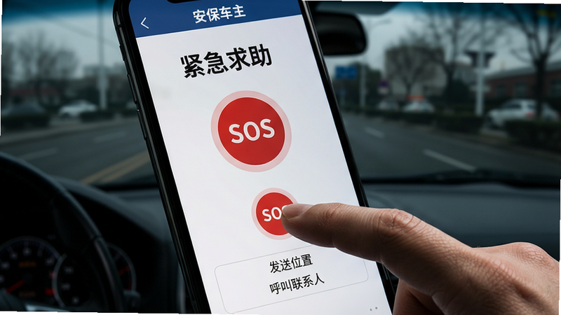主体:一只手正在点击手机屏幕上的红色SOS按钮,手机背景是“安保车主”APP的紧急求助页面,页面上显示着“紧急求助”字样和一个醒目的红色圆形按钮。布局:手机位于画面中央,手指从画面右下角伸出点击,背景为模糊的行车记录仪视角。排版:主体突出,操作动作清晰明了。风格:写实风格,带有紧迫感的暗色调背景,红色按钮极为醒目。细节:手机屏幕上有“安保车主”的标识,以及“发送位置”和“呼叫联系人”的文字选项。画质:高分辨率,手部细节清晰,干净,无多余元素。