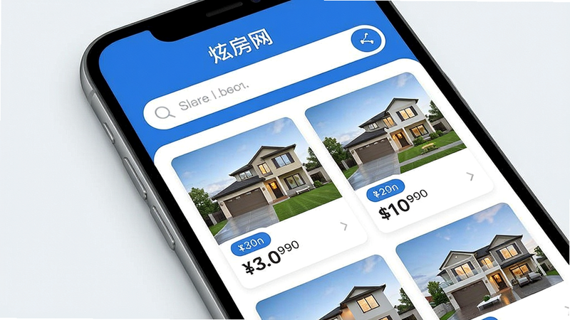 一张现代简约风格的手机界面展示图,屏幕中显示“炫房网”APP主界面,上方为搜索栏,下方为房源卡片列表,配有房屋缩略图与价格标签,整体色调以蓝白为主,UI设计清晰干净,画质高清,无多余元素