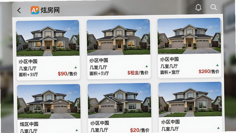 一张展示“炫房网”APP房源列表页的截图,屏幕上排列着多个房源卡片,每张卡片包含房屋外观照片、小区名称、几室几厅、面积和租金/售价,页面布局整齐,信息清晰可见,背景虚化处理,突出卡片内容,画质干净,无多余元素