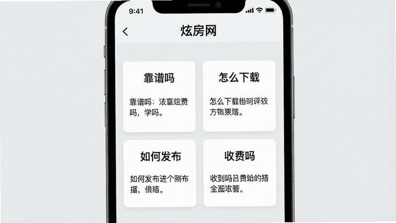 一张“炫房网”APP用户问答界面示意图,屏幕中央显示四个问答卡片,分别标注“靠谱吗”、“怎么下载”、“如何发布”、“收费吗”,每个卡片下有简短回答摘要,背景为浅灰色,界面简洁清爽,画质高清,无多余元素