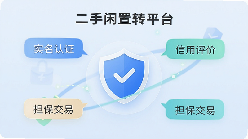 展示“二手闲置转平台”APP的交易保障页面,页面中央有一个盾牌图标,周围环绕“实名认证”、“信用评价”、“担保交易”等字样,背景为淡蓝色,风格现代,画质清晰。
