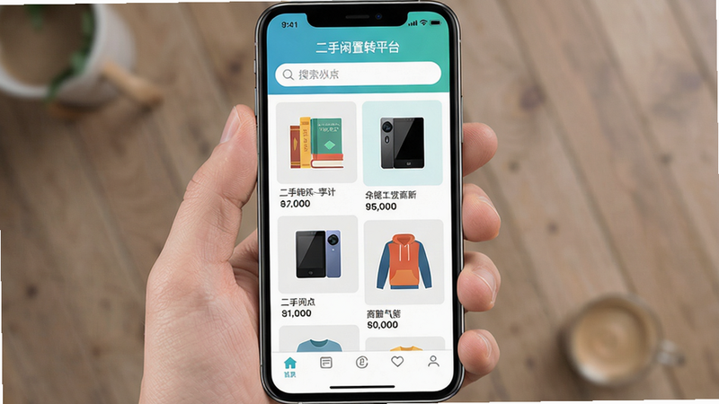 一幅展示智能手机屏幕的图片,屏幕中显示“二手闲置转平台”APP的主界面,界面设计简洁现代,顶部有搜索栏,中部是商品瀑布流,展示各种二手物品如书籍、电子产品、衣物等,底部有导航栏,整体色调清新明亮,风格扁平化,画质高清,干净无多余元素。