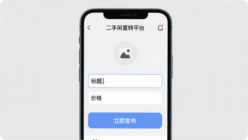 展示“二手闲置转平台”APP的发布商品页面,页面中有上传照片的图标、填写标题和价格的输入框,下方有“立即发布”按钮,背景为浅灰色,界面布局清晰,风格简约,画质干净。