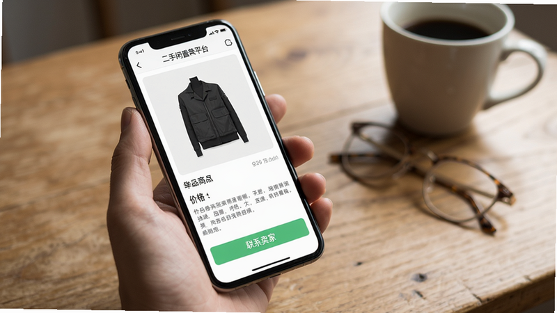 展示“二手闲置转平台”APP在手机上的运行场景,手机屏幕显示商品详情页,页面有商品大图、价格、描述和“联系卖家”按钮,背景为木桌,风格真实,画质清晰。